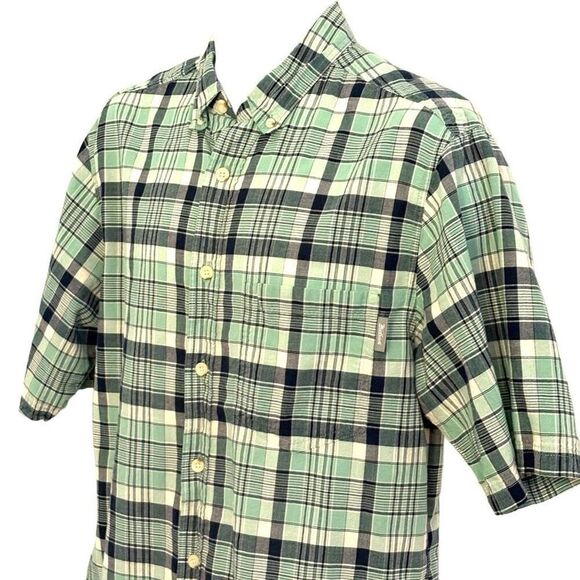 Vintage Woolrich Plaid Button Down Short Sleeve Men's Size Medium 100% Cotton Gr - Picture 1 of 7